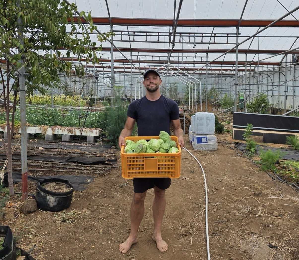 Markus at a market stall with organic kale and pak choy